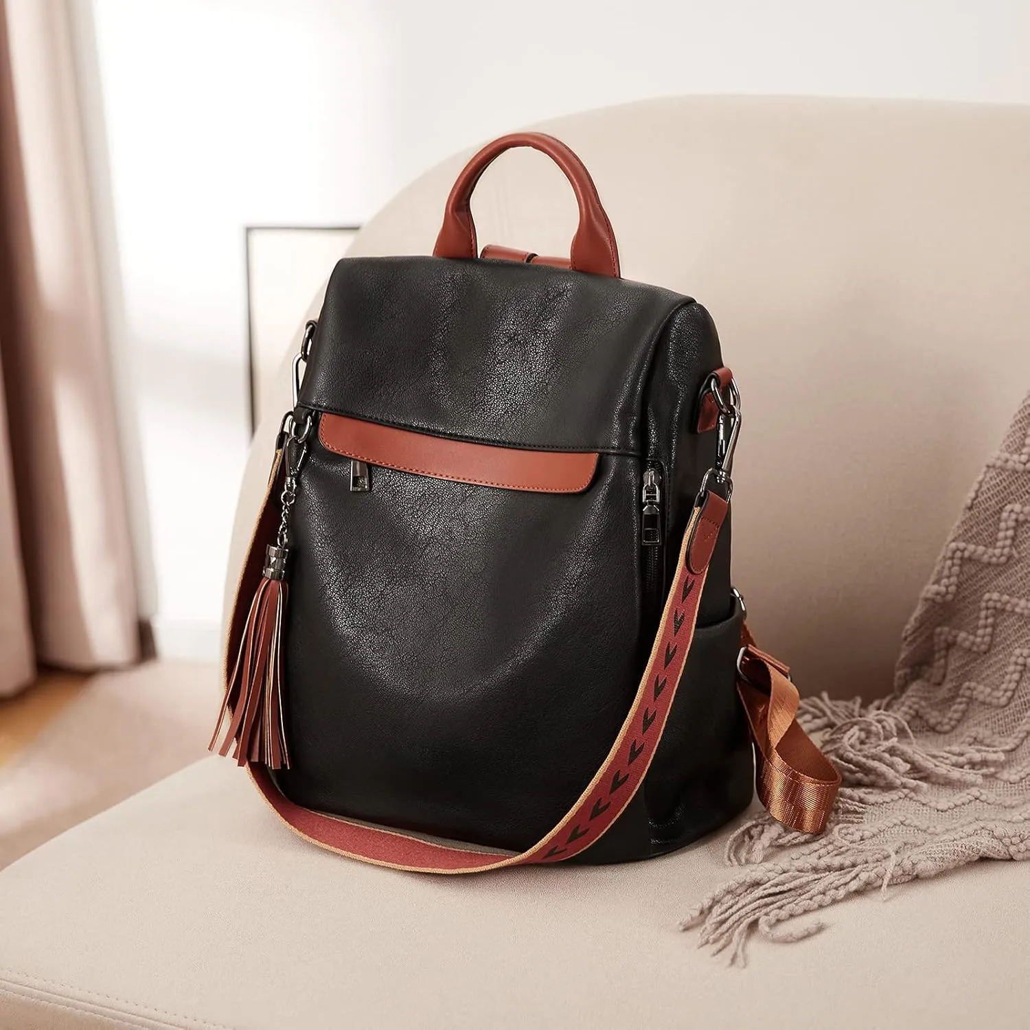 BROMEN Backpack Purse for Women Leather Anti-theft Travel Fashion Shoulder Bag Contrast Black