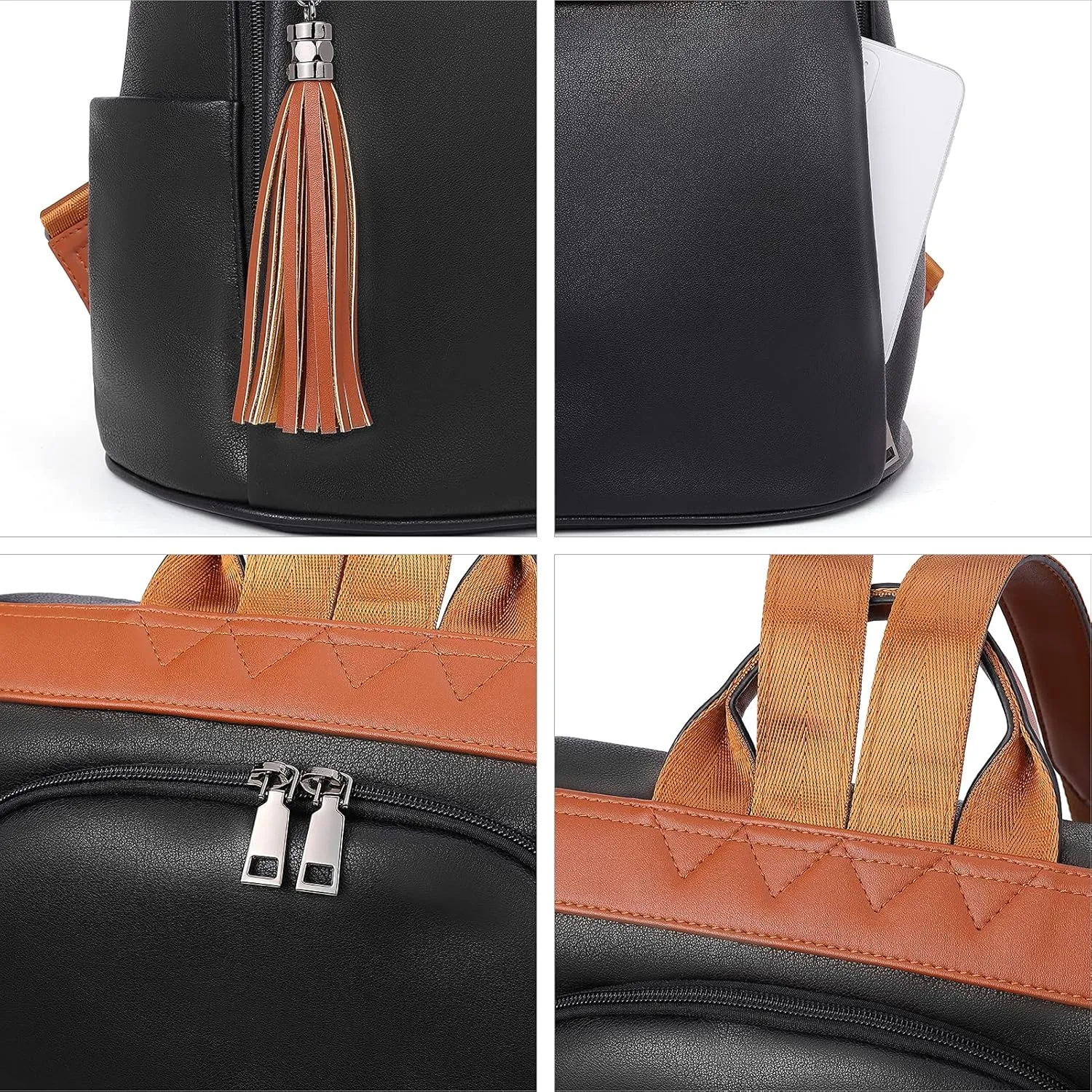 BROMEN Backpack Purse for Women Leather Anti-theft Travel Fashion Shoulder Bag Contrast Black