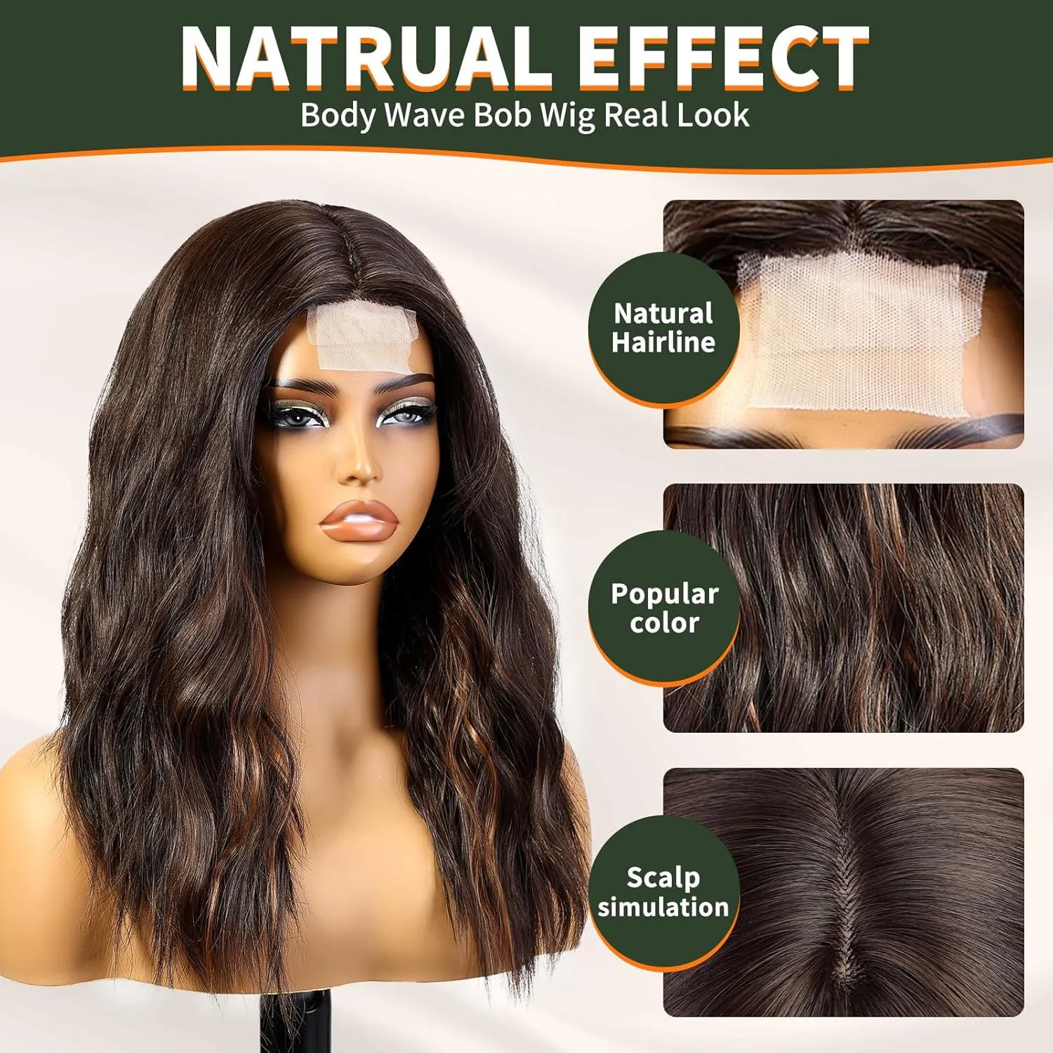 Brown Highlight Wigs for Women,Shoulder Length Curly Wig,Middle Part Natural Looking Synthetic Heat Resistant Fiber Wig for Daily Party Use 16IN
