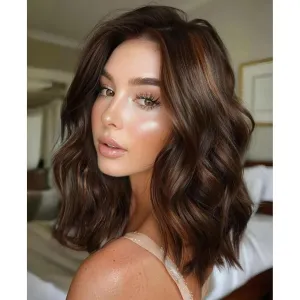 Brown Highlight Wigs for Women,Shoulder Length Curly Wig,Middle Part Natural Looking Synthetic Heat Resistant Fiber Wig for Daily Party Use 16IN