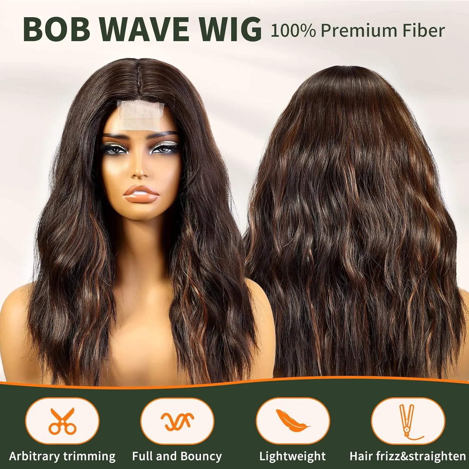 Brown Highlight Wigs for Women,Shoulder Length Curly Wig,Middle Part Natural Looking Synthetic Heat Resistant Fiber Wig for Daily Party Use 16IN
