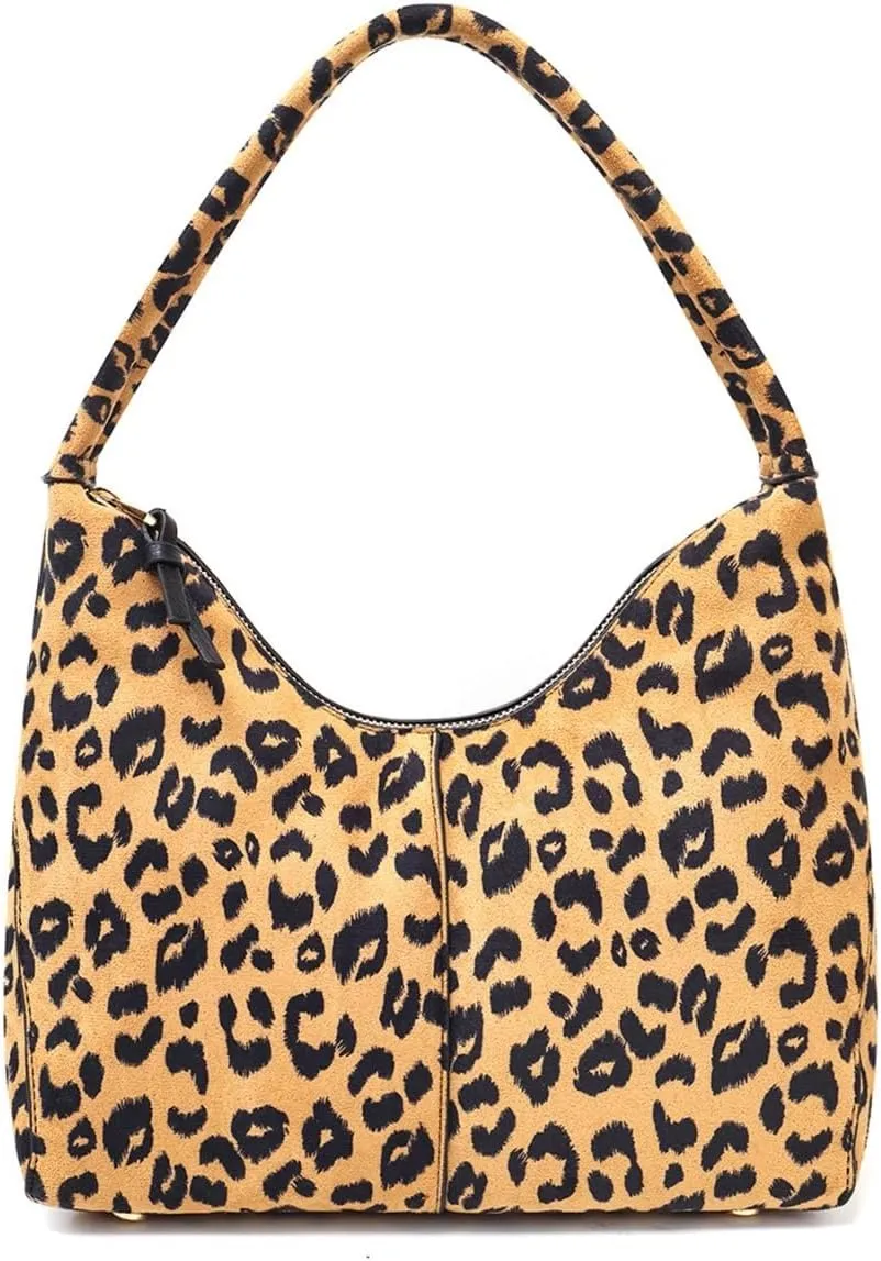 Brown Leopard Print Purses for Women, Genuine Suede Leather Leopard Hobo Bags, Fashion Suede Crescent Handbags, Large Capacity Leopard Print Shoulder Tote Bag with Zipper, Stylish and Trendy Design