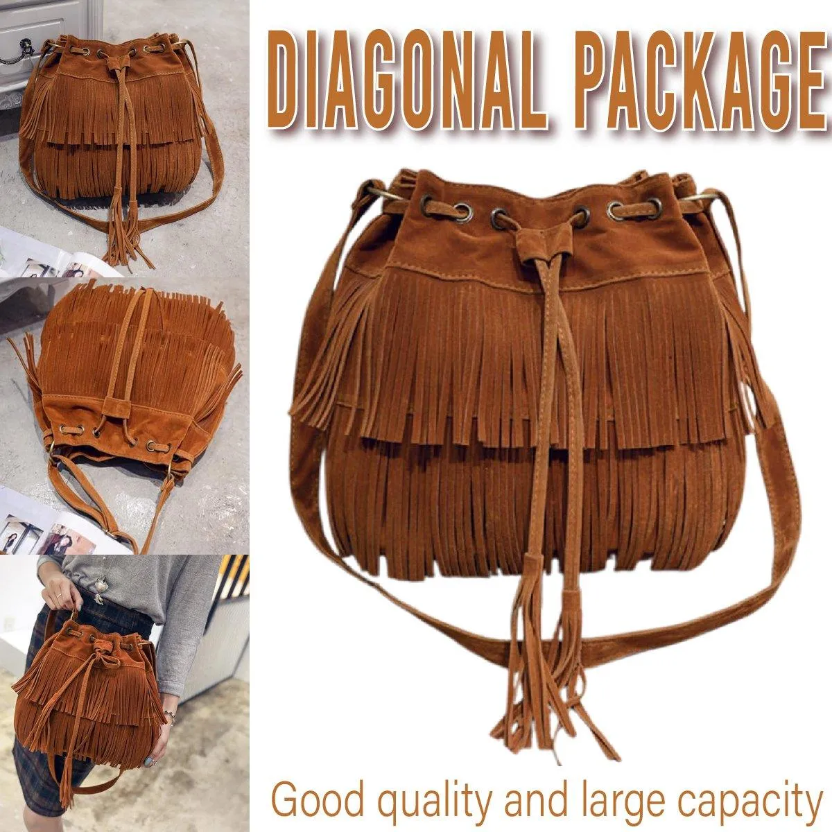 Brown Soft Velvet Tassel Womens Drawstring Shoulder Crossbody Bag for Fashion