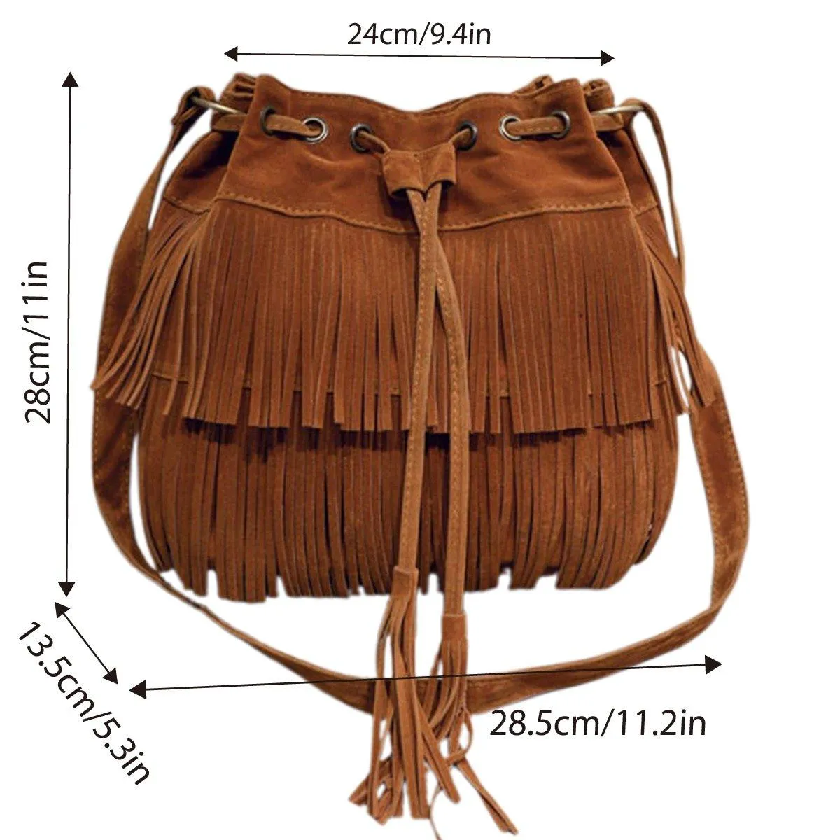 Brown Soft Velvet Tassel Womens Drawstring Shoulder Crossbody Bag for Fashion