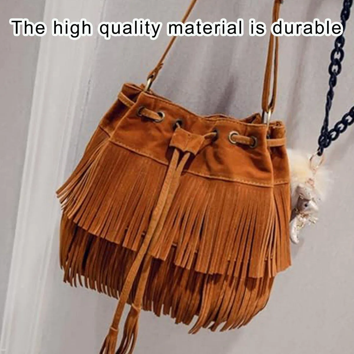 Brown Soft Velvet Tassel Womens Drawstring Shoulder Crossbody Bag for Fashion