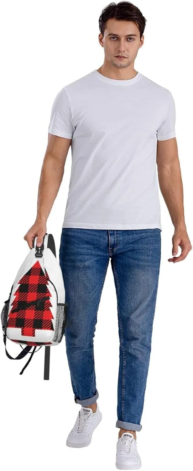 Buffalo Plaid Christmas Tree Crossbody Bag Cross Chest Bag Adjustable Sling Backpack Sports Gym Shoulder Bags Travel Cycling Daypack Diagonally Casual Rucksack