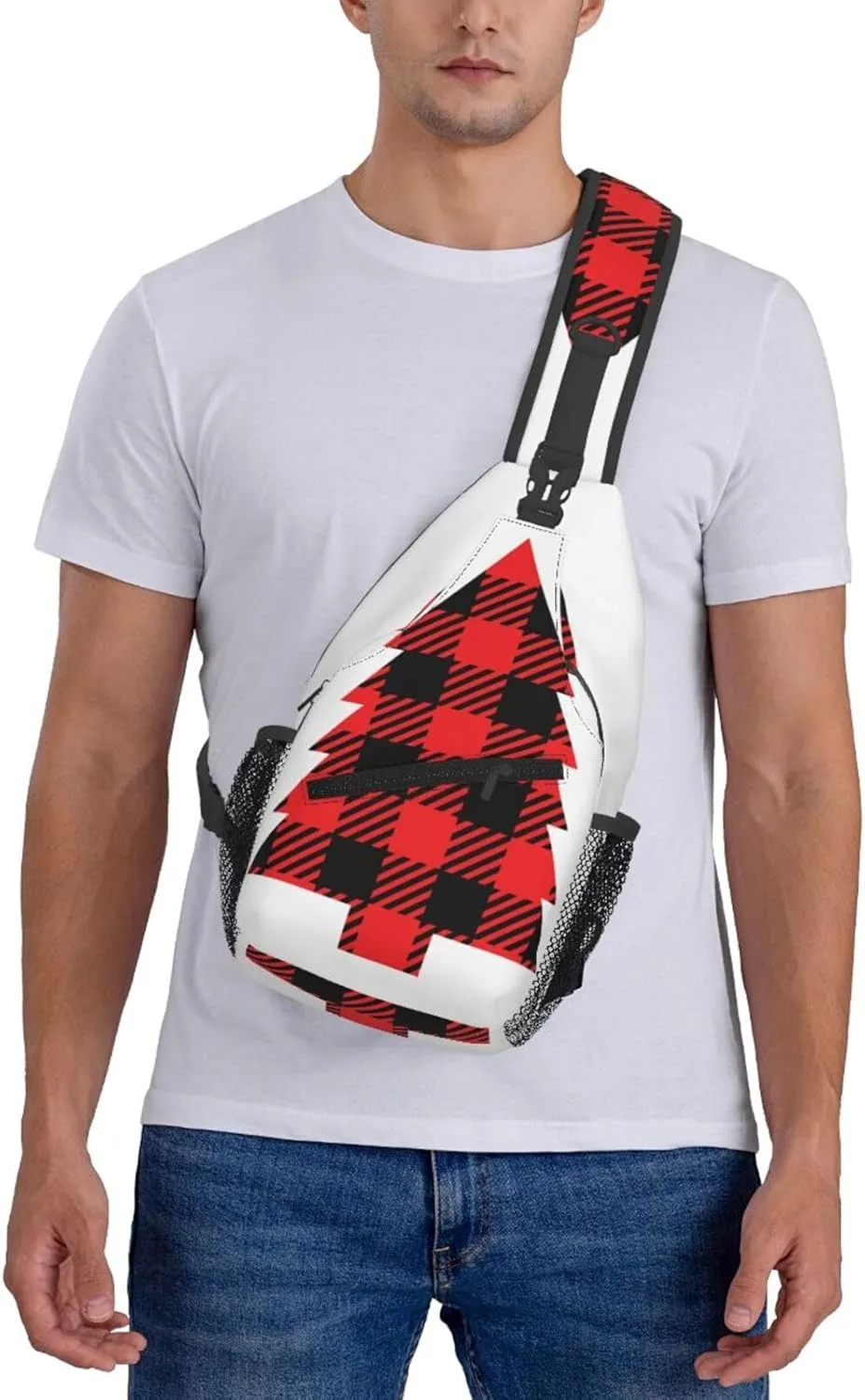 Buffalo Plaid Christmas Tree Crossbody Bag Cross Chest Bag Adjustable Sling Backpack Sports Gym Shoulder Bags Travel Cycling Daypack Diagonally Casual Rucksack