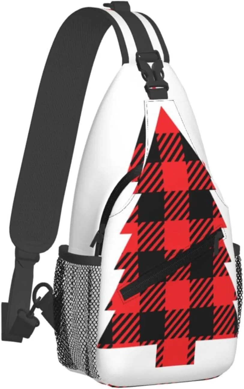 Buffalo Plaid Christmas Tree Crossbody Bag Cross Chest Bag Adjustable Sling Backpack Sports Gym Shoulder Bags Travel Cycling Daypack Diagonally Casual Rucksack