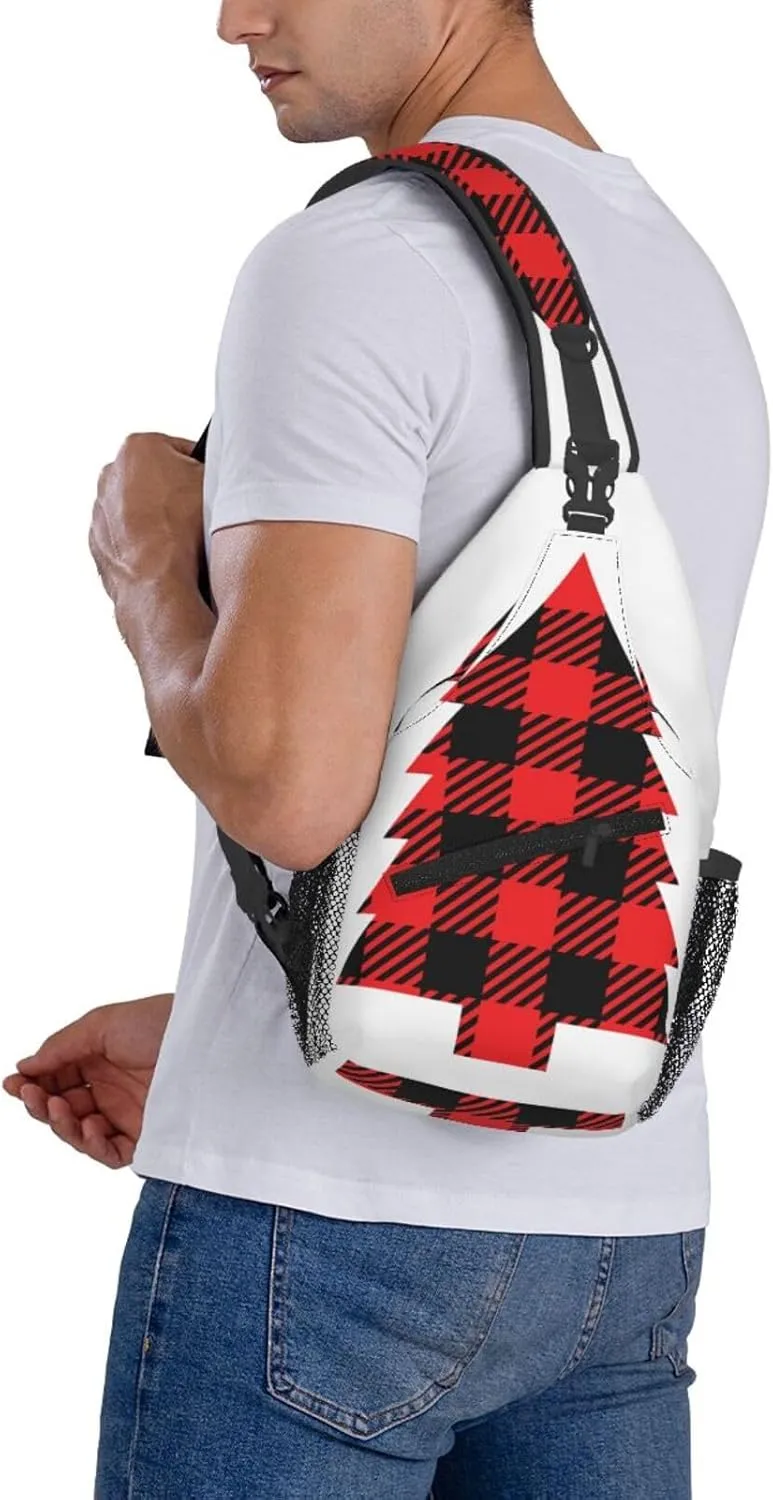 Buffalo Plaid Christmas Tree Crossbody Bag Cross Chest Bag Adjustable Sling Backpack Sports Gym Shoulder Bags Travel Cycling Daypack Diagonally Casual Rucksack