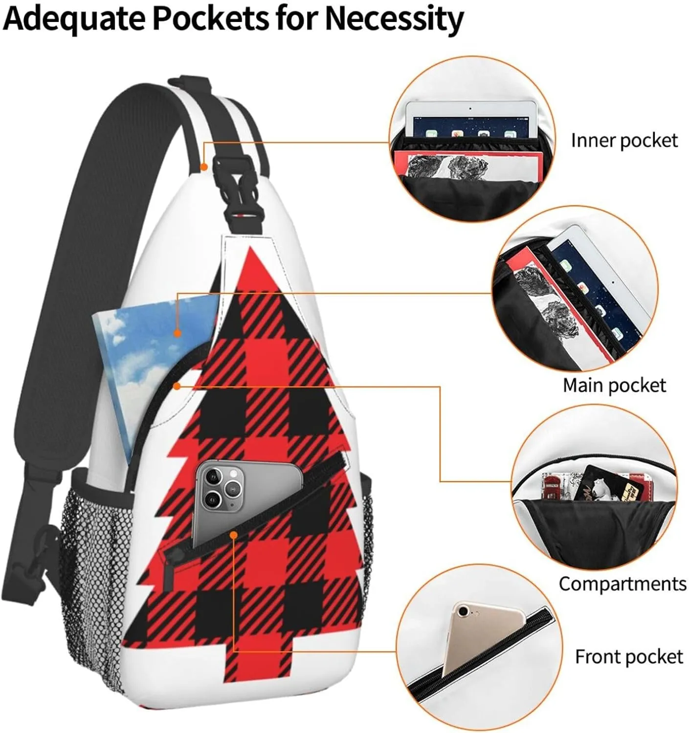 Buffalo Plaid Christmas Tree Crossbody Bag Cross Chest Bag Adjustable Sling Backpack Sports Gym Shoulder Bags Travel Cycling Daypack Diagonally Casual Rucksack