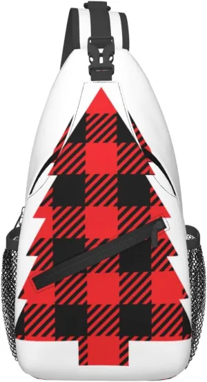 Buffalo Plaid Christmas Tree Crossbody Bag Cross Chest Bag Adjustable Sling Backpack Sports Gym Shoulder Bags Travel Cycling Daypack Diagonally Casual Rucksack