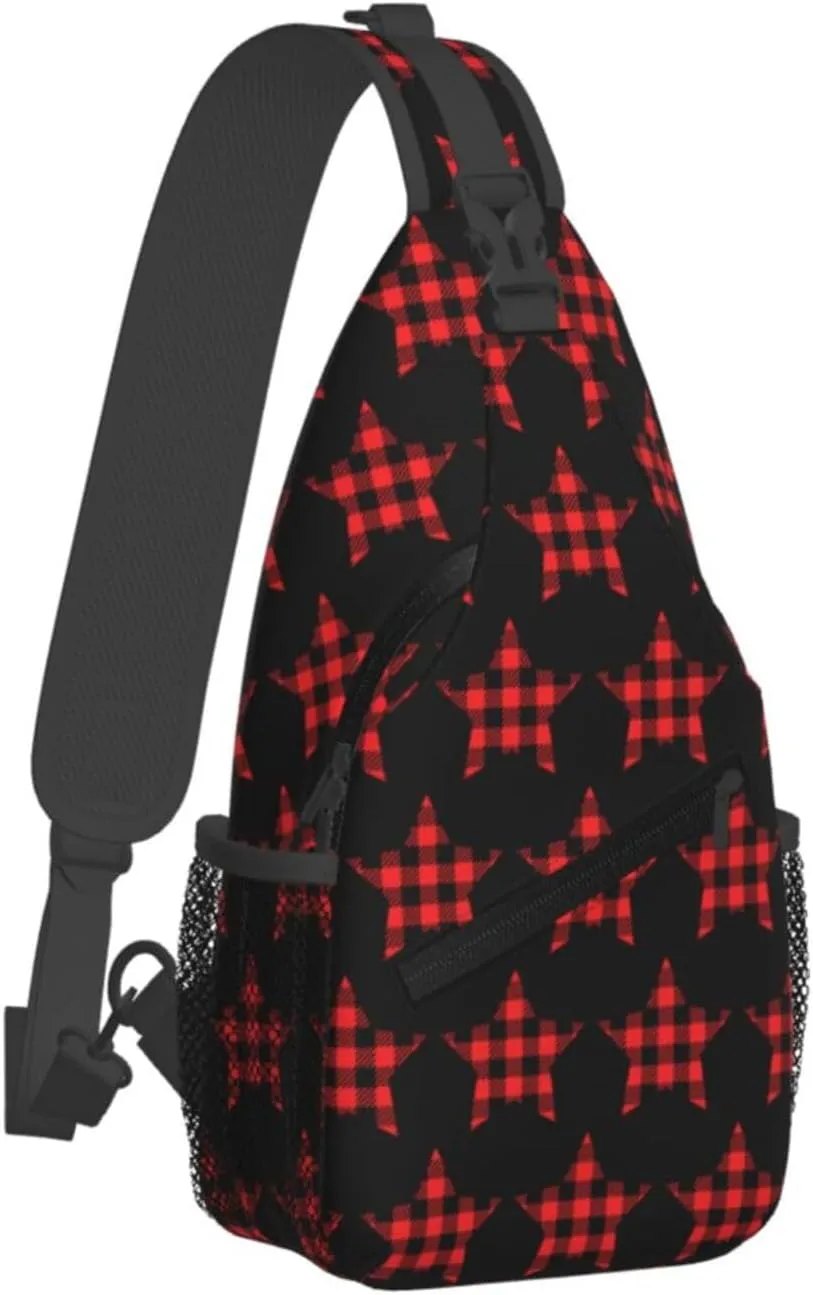 Buffalo Plaid Pentagram Star Crossbody Bag Cross Chest Bag Adjustable Sling Backpack Sports Gym Shoulder Bags Travel Cycling Daypack Diagonally Casual Rucksack