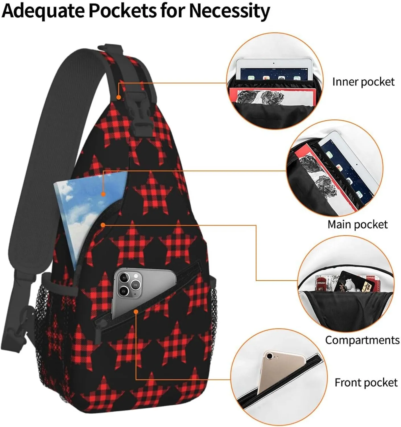 Buffalo Plaid Pentagram Star Crossbody Bag Cross Chest Bag Adjustable Sling Backpack Sports Gym Shoulder Bags Travel Cycling Daypack Diagonally Casual Rucksack