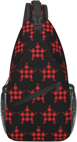 Buffalo Plaid Pentagram Star Crossbody Bag Cross Chest Bag Adjustable Sling Backpack Sports Gym Shoulder Bags Travel Cycling Daypack Diagonally Casual Rucksack