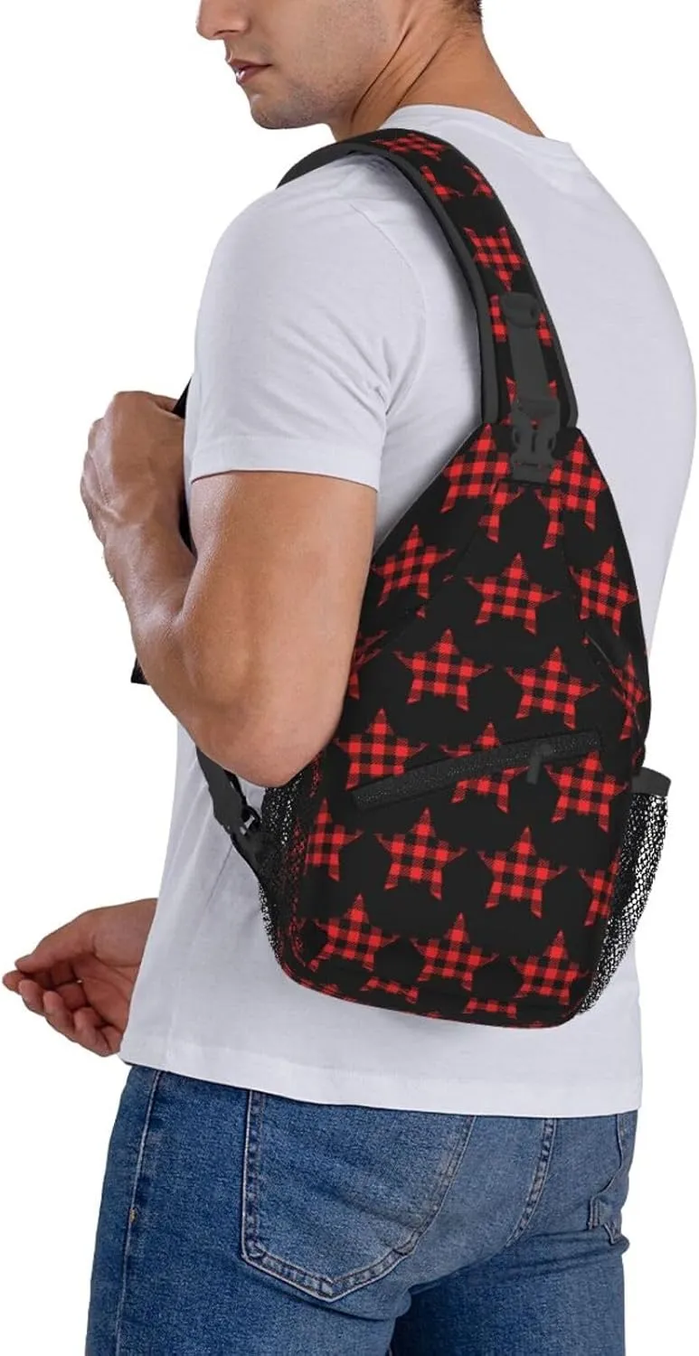 Buffalo Plaid Pentagram Star Crossbody Bag Cross Chest Bag Adjustable Sling Backpack Sports Gym Shoulder Bags Travel Cycling Daypack Diagonally Casual Rucksack