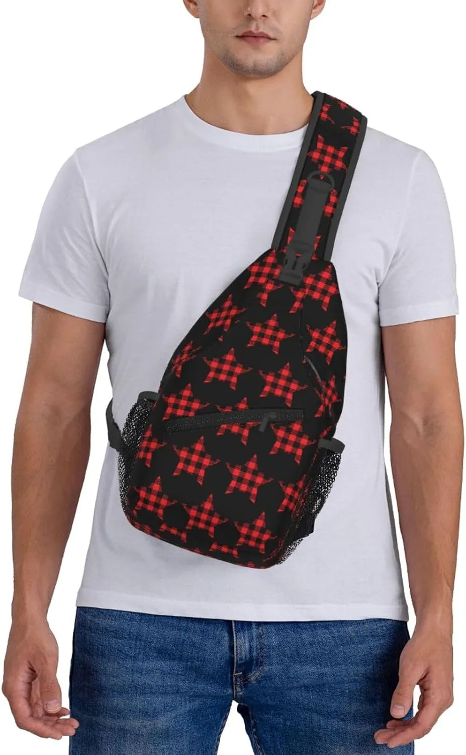Buffalo Plaid Pentagram Star Crossbody Bag Cross Chest Bag Adjustable Sling Backpack Sports Gym Shoulder Bags Travel Cycling Daypack Diagonally Casual Rucksack