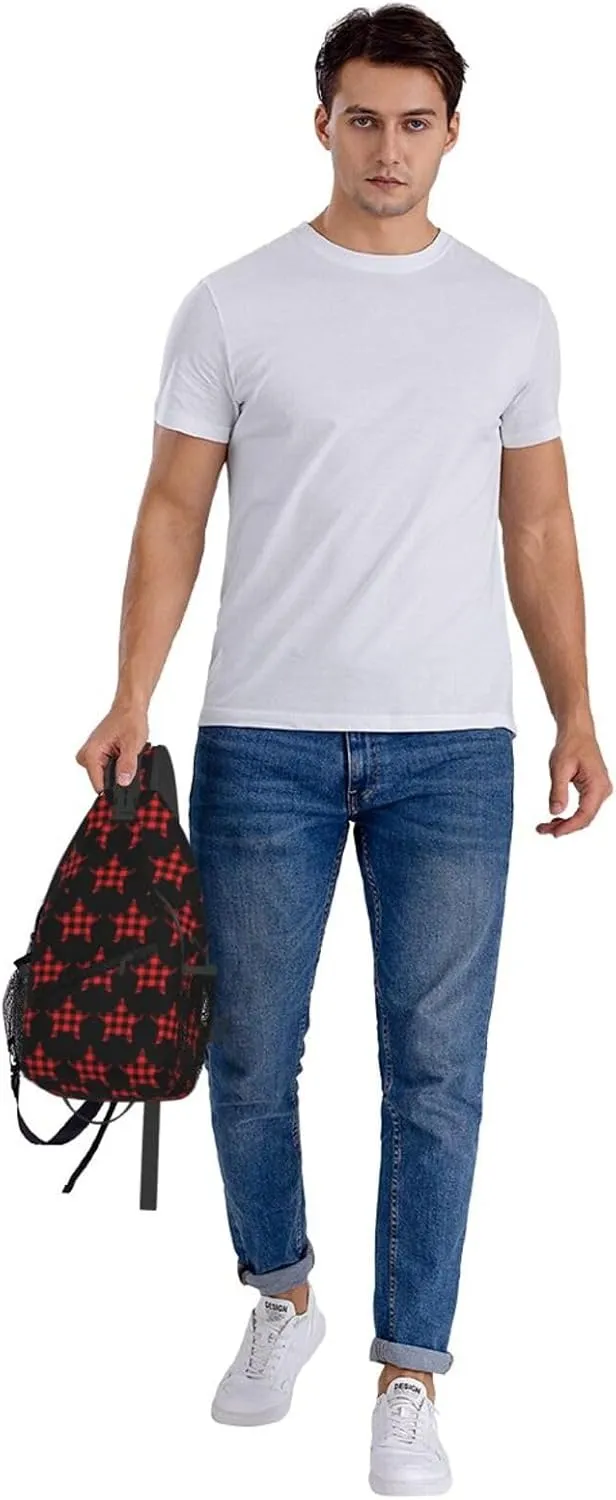 Buffalo Plaid Pentagram Star Crossbody Bag Cross Chest Bag Adjustable Sling Backpack Sports Gym Shoulder Bags Travel Cycling Daypack Diagonally Casual Rucksack