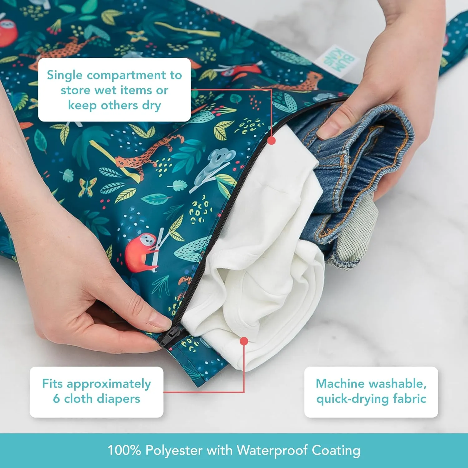 Bumkins Sleeved Bib and Waterproof Wet Bag for Baby, Travel, Swim Suit, Cloth Diapers, Pump Parts, Pool, Gym Clothes, Toiletry, Strap to Stroller, Daycare, Zipper Reusable Bag, Jungle