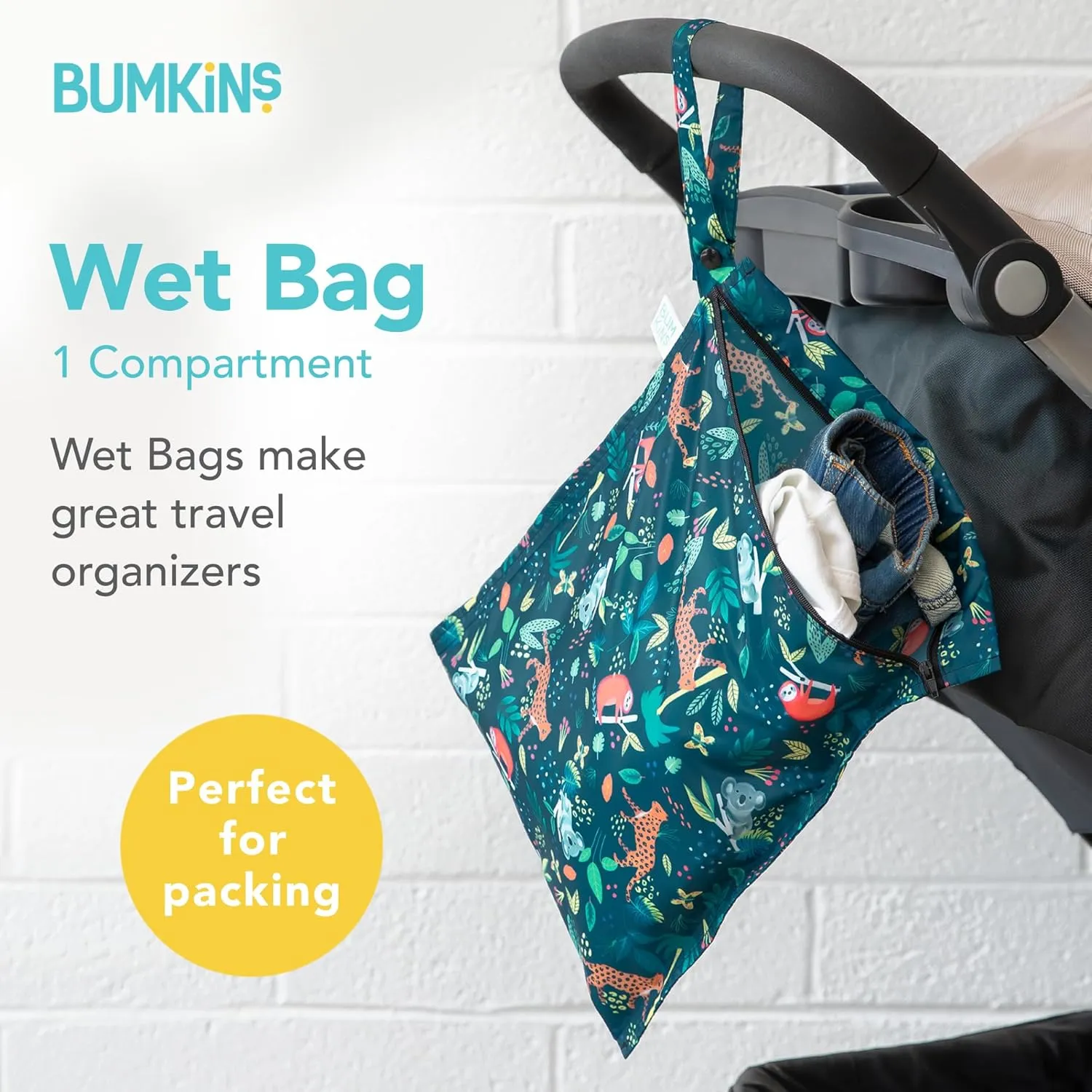 Bumkins Sleeved Bib and Waterproof Wet Bag for Baby, Travel, Swim Suit, Cloth Diapers, Pump Parts, Pool, Gym Clothes, Toiletry, Strap to Stroller, Daycare, Zipper Reusable Bag, Jungle
