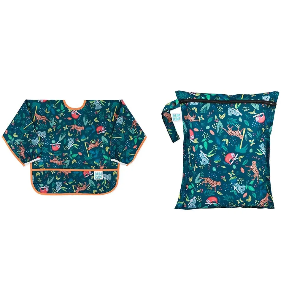 Bumkins Sleeved Bib and Waterproof Wet Bag for Baby, Travel, Swim Suit, Cloth Diapers, Pump Parts, Pool, Gym Clothes, Toiletry, Strap to Stroller, Daycare, Zipper Reusable Bag, Jungle