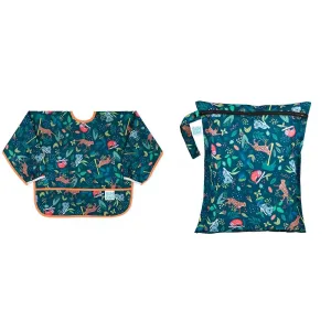 Bumkins Sleeved Bib and Waterproof Wet Bag for Baby, Travel, Swim Suit, Cloth Diapers, Pump Parts, Pool, Gym Clothes, Toiletry, Strap to Stroller, Daycare, Zipper Reusable Bag, Jungle