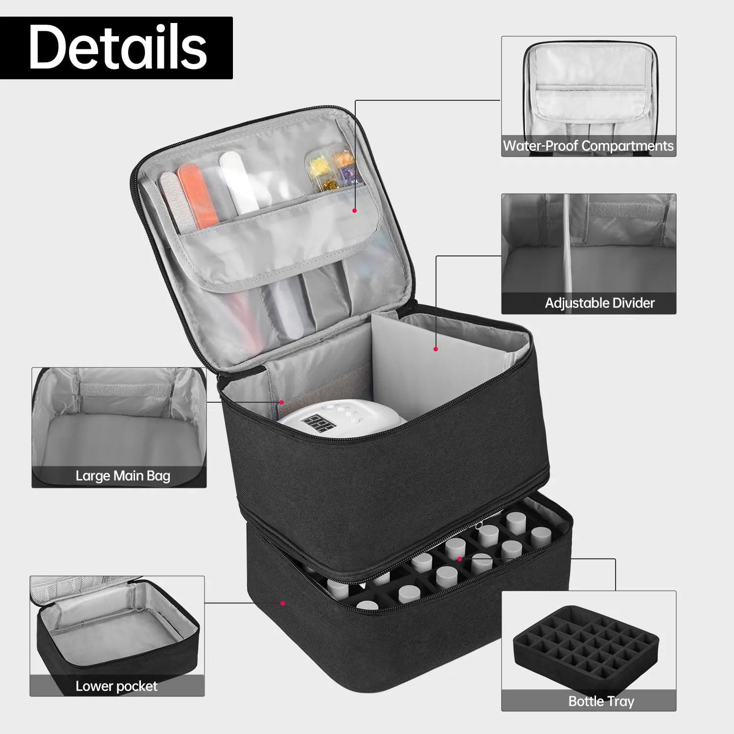 Buruis Double-Layer Nail Polish Organizer Bag, Holds 27 Bottles (15ML/0.5 FL.OZ or Larger), Nail Tools & Dryer Storage Case with Adjustable Dividers (Black)