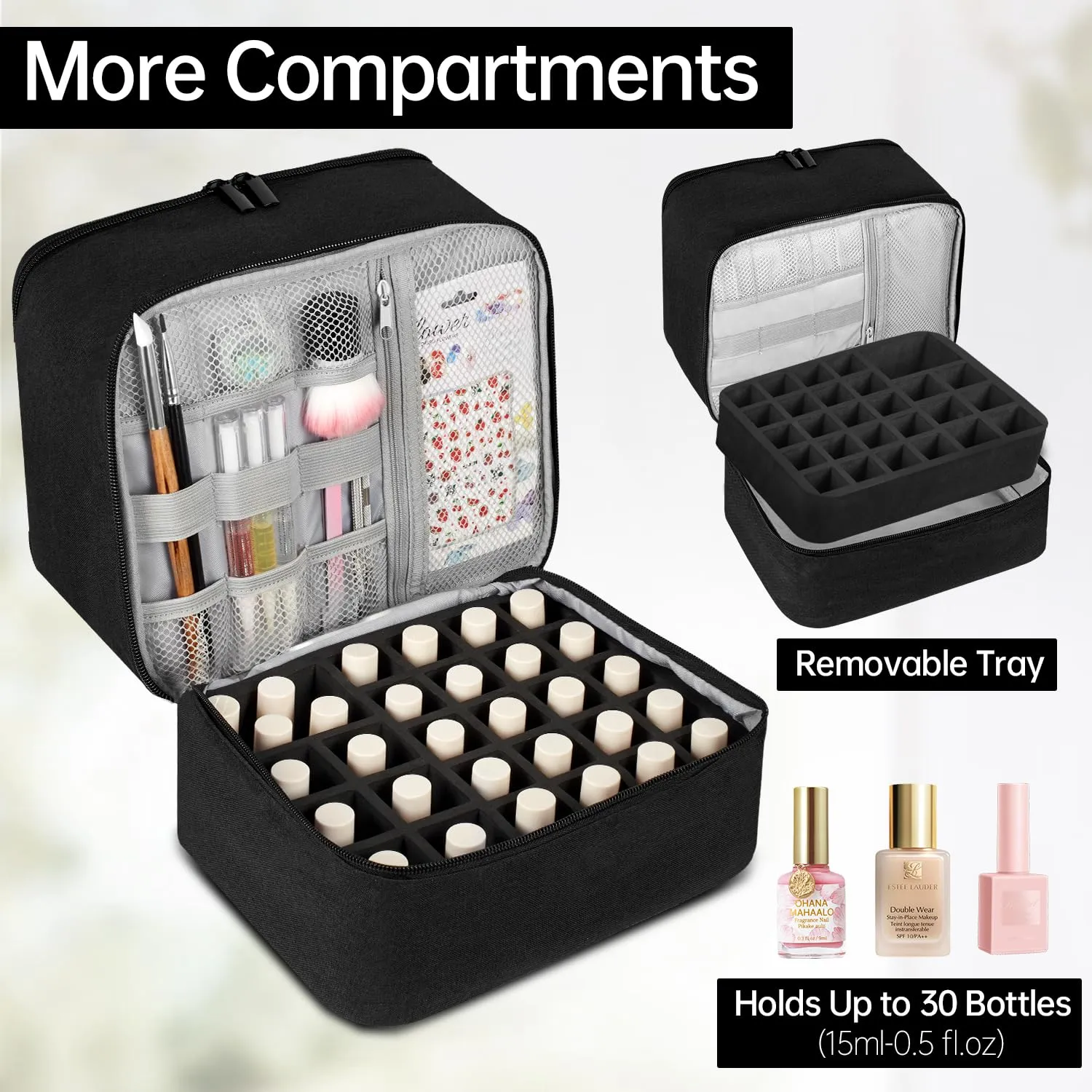 Buruis Double-Layer Nail Polish Organizer Bag, Holds 27 Bottles (15ML/0.5 FL.OZ or Larger), Nail Tools & Dryer Storage Case with Adjustable Dividers (Black)