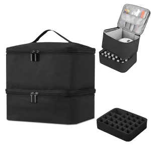 Buruis Double-Layer Nail Polish Organizer Bag, Holds 27 Bottles (15ML/0.5 FL.OZ or Larger), Nail Tools & Dryer Storage Case with Adjustable Dividers (Black)