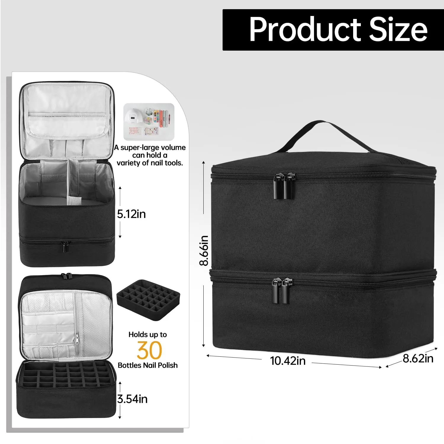 Buruis Double-Layer Nail Polish Organizer Bag, Holds 27 Bottles (15ML/0.5 FL.OZ or Larger), Nail Tools & Dryer Storage Case with Adjustable Dividers (Black)