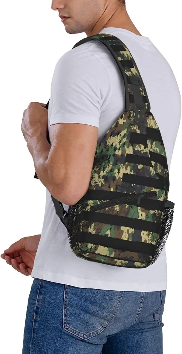 Camo Camouflage American Flag Crossbody Sling Bag Chest Bags Casual Shoulder Backpack Sport Fanny Pack Gym Diagonally Daypack with Adjustable Strap for Running
