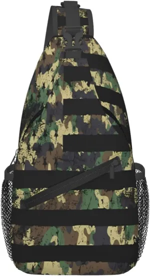 Camo Camouflage American Flag Crossbody Sling Bag Chest Bags Casual Shoulder Backpack Sport Fanny Pack Gym Diagonally Daypack with Adjustable Strap for Running