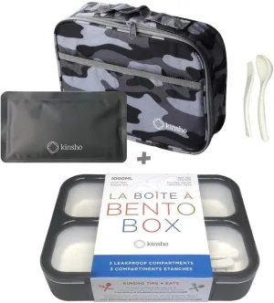 Camo Lunch Box for Boys | Bento Boxes with Bag, Ice Pack Set | Snack Containers for Kids Men Adults. 3 Leakproof Compartments, Container with Insulated Bags for School Lunches, Black Grey Camoflauge