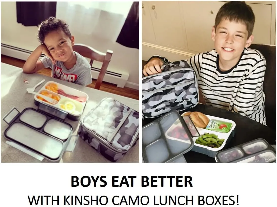 Camo Lunch Box for Boys | Bento Boxes with Bag, Ice Pack Set | Snack Containers for Kids Men Adults. 3 Leakproof Compartments, Container with Insulated Bags for School Lunches, Black Grey Camoflauge