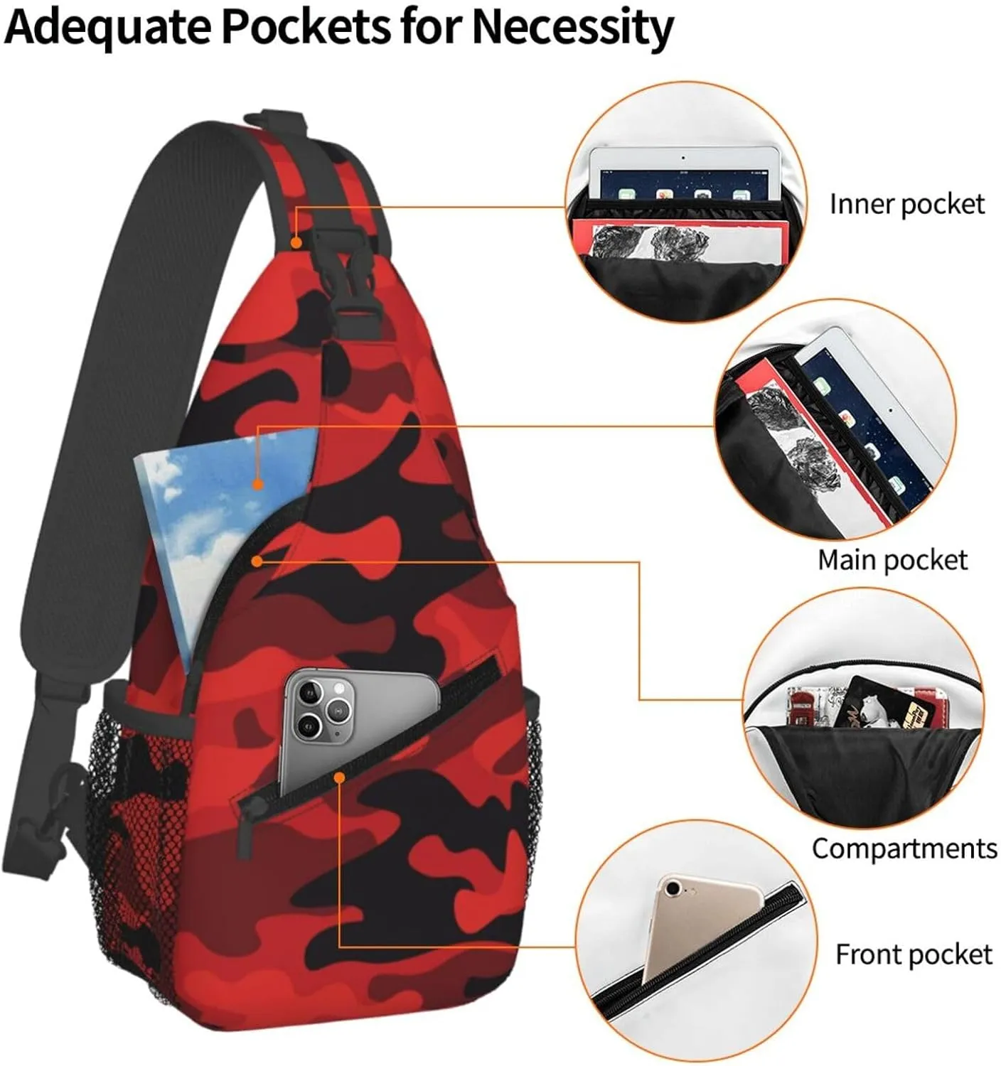 Camo Sling Bag Crossbody Backpack,Camouflage Military Background Bright Red and Black Print Chest Bag Casual Shoulder Backpack Abstract Classic Army Style Travel Hiking Daypack for Men Women