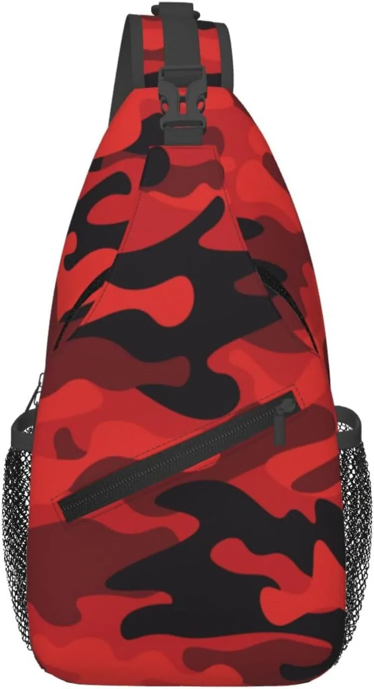 Camo Sling Bag Crossbody Backpack,Camouflage Military Background Bright Red and Black Print Chest Bag Casual Shoulder Backpack Abstract Classic Army Style Travel Hiking Daypack for Men Women