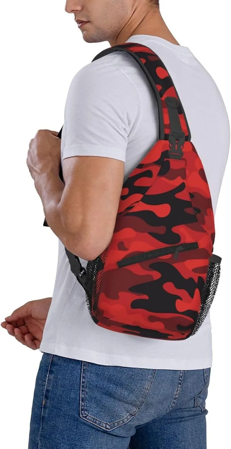Camo Sling Bag Crossbody Backpack,Camouflage Military Background Bright Red and Black Print Chest Bag Casual Shoulder Backpack Abstract Classic Army Style Travel Hiking Daypack for Men Women
