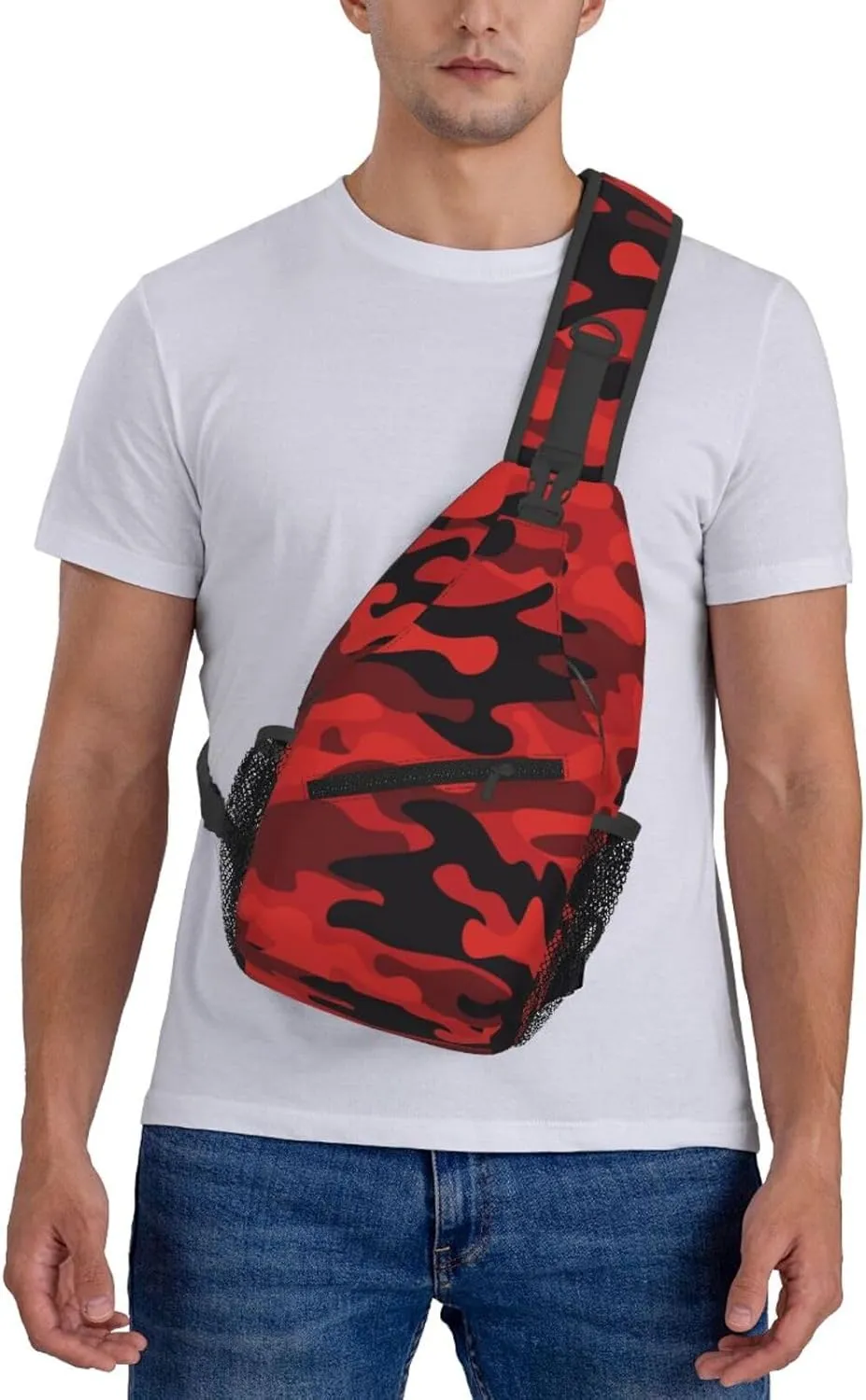 Camo Sling Bag Crossbody Backpack,Camouflage Military Background Bright Red and Black Print Chest Bag Casual Shoulder Backpack Abstract Classic Army Style Travel Hiking Daypack for Men Women