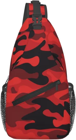 Camo Sling Bag Crossbody Backpack,Camouflage Military Background Bright Red and Black Print Chest Bag Casual Shoulder Backpack Abstract Classic Army Style Travel Hiking Daypack for Men Women