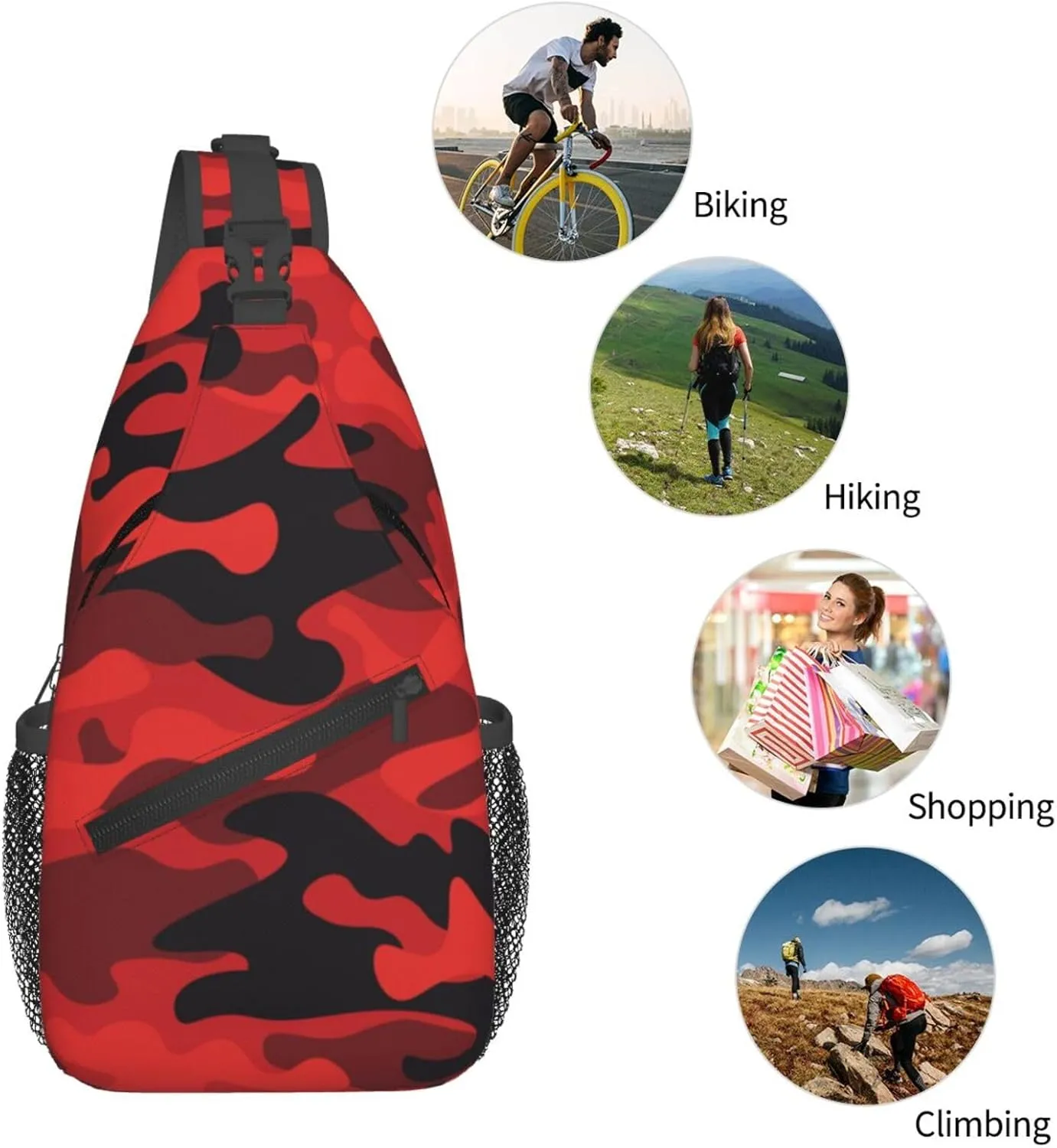 Camo Sling Bag Crossbody Backpack,Camouflage Military Background Bright Red and Black Print Chest Bag Casual Shoulder Backpack Abstract Classic Army Style Travel Hiking Daypack for Men Women