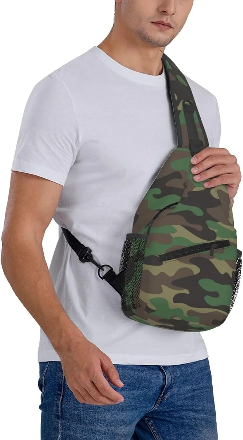 Camo Sling Bag for Women Men Classic Green Brown Olive Colors Camouflage Crossbody Backpack Cool Military Print Army Design Sling Backpack Casual Shoulder Bag Sports Travel Hiking Daypack