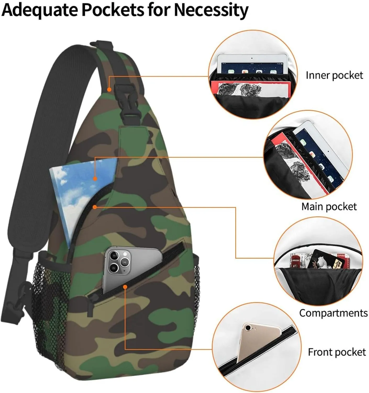 Camo Sling Bag for Women Men Classic Green Brown Olive Colors Camouflage Crossbody Backpack Cool Military Print Army Design Sling Backpack Casual Shoulder Bag Sports Travel Hiking Daypack