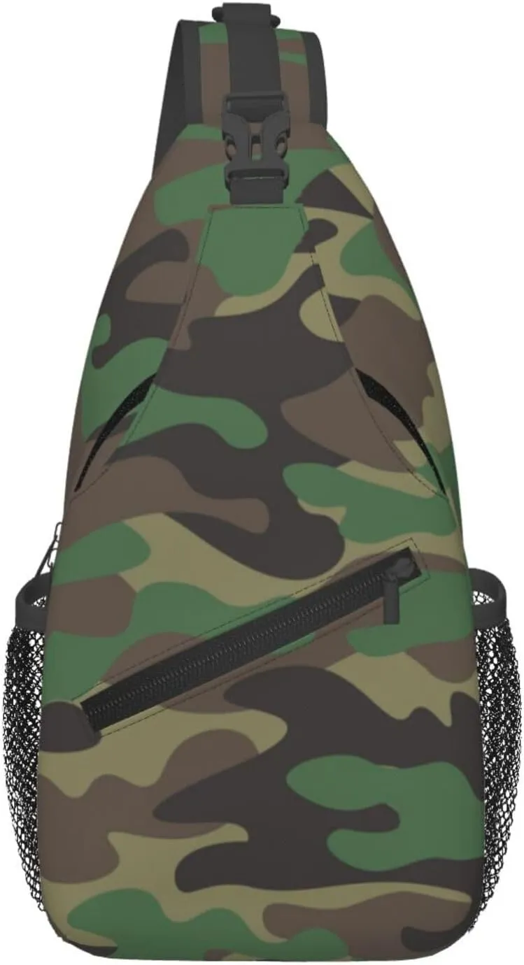 Camo Sling Bag for Women Men Classic Green Brown Olive Colors Camouflage Crossbody Backpack Cool Military Print Army Design Sling Backpack Casual Shoulder Bag Sports Travel Hiking Daypack