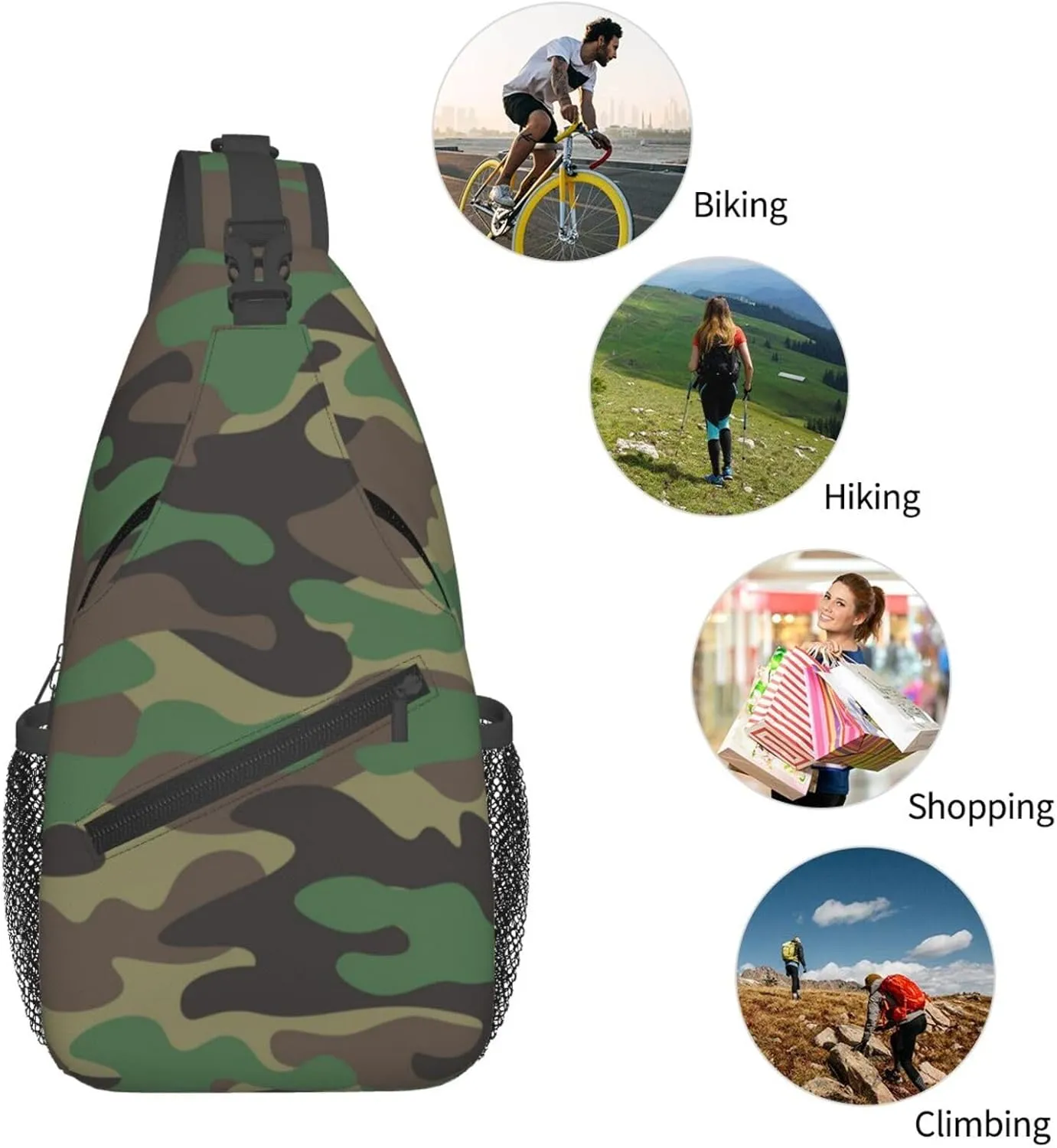 Camo Sling Bag for Women Men Classic Green Brown Olive Colors Camouflage Crossbody Backpack Cool Military Print Army Design Sling Backpack Casual Shoulder Bag Sports Travel Hiking Daypack