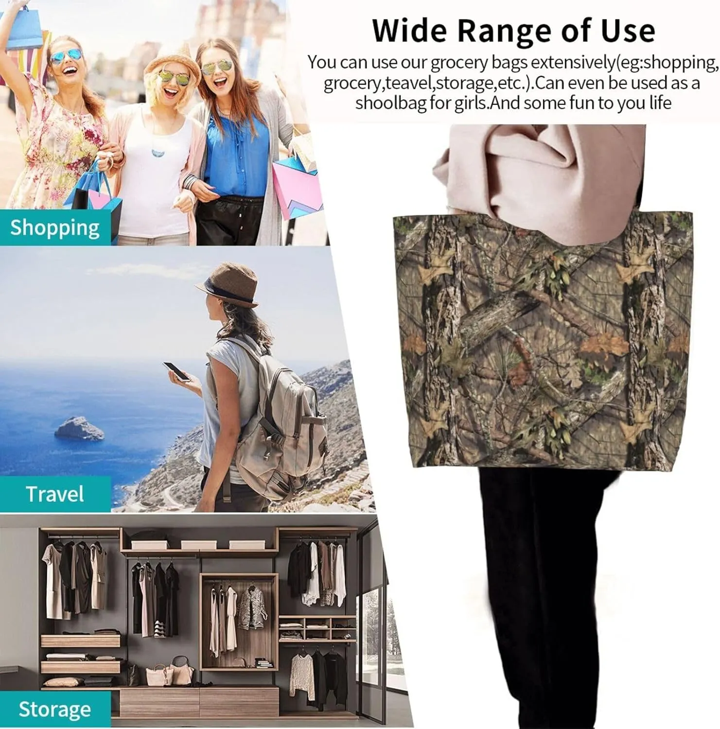 Camouflage Camo Large Tote Bag Casual Shoulder Bags Reusable Grocery Handbag For Women Travel Shopping Gym