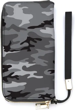 Camouflage Grey Women's Leather Long Large Capacity Wallet Clutch Wallet with Hand Strap