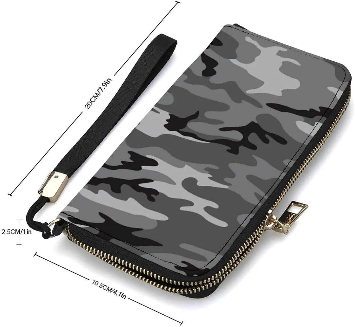 Camouflage Grey Women's Leather Long Large Capacity Wallet Clutch Wallet with Hand Strap