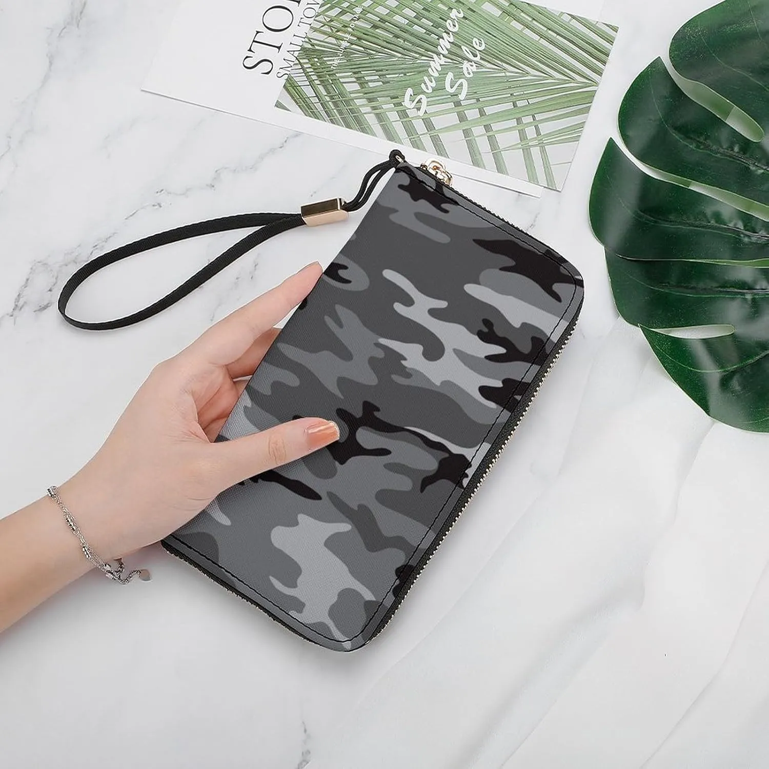Camouflage Grey Women's Leather Long Large Capacity Wallet Clutch Wallet with Hand Strap
