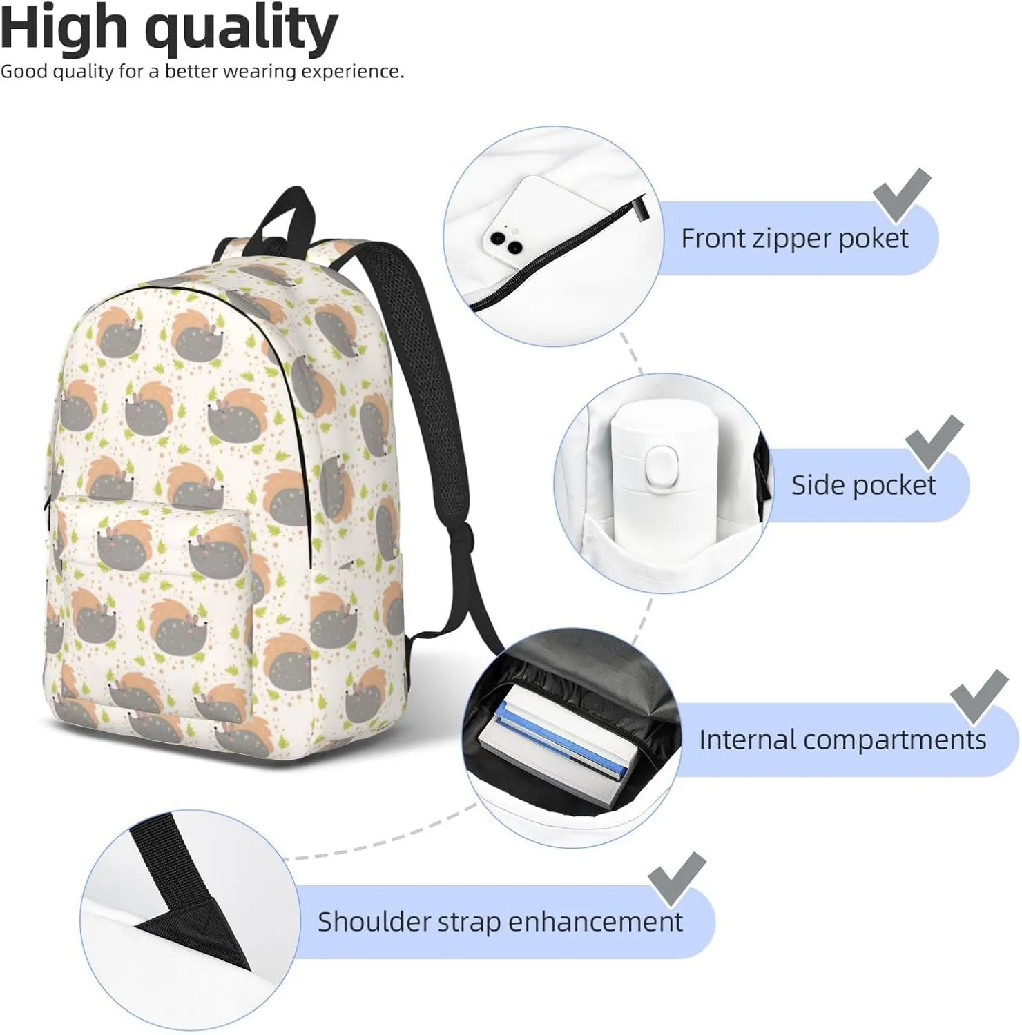 Canvas Casual Backpack Laptop Bag Suitable for Travel Office Outdoor Sports Men and Women Cute Porcupine