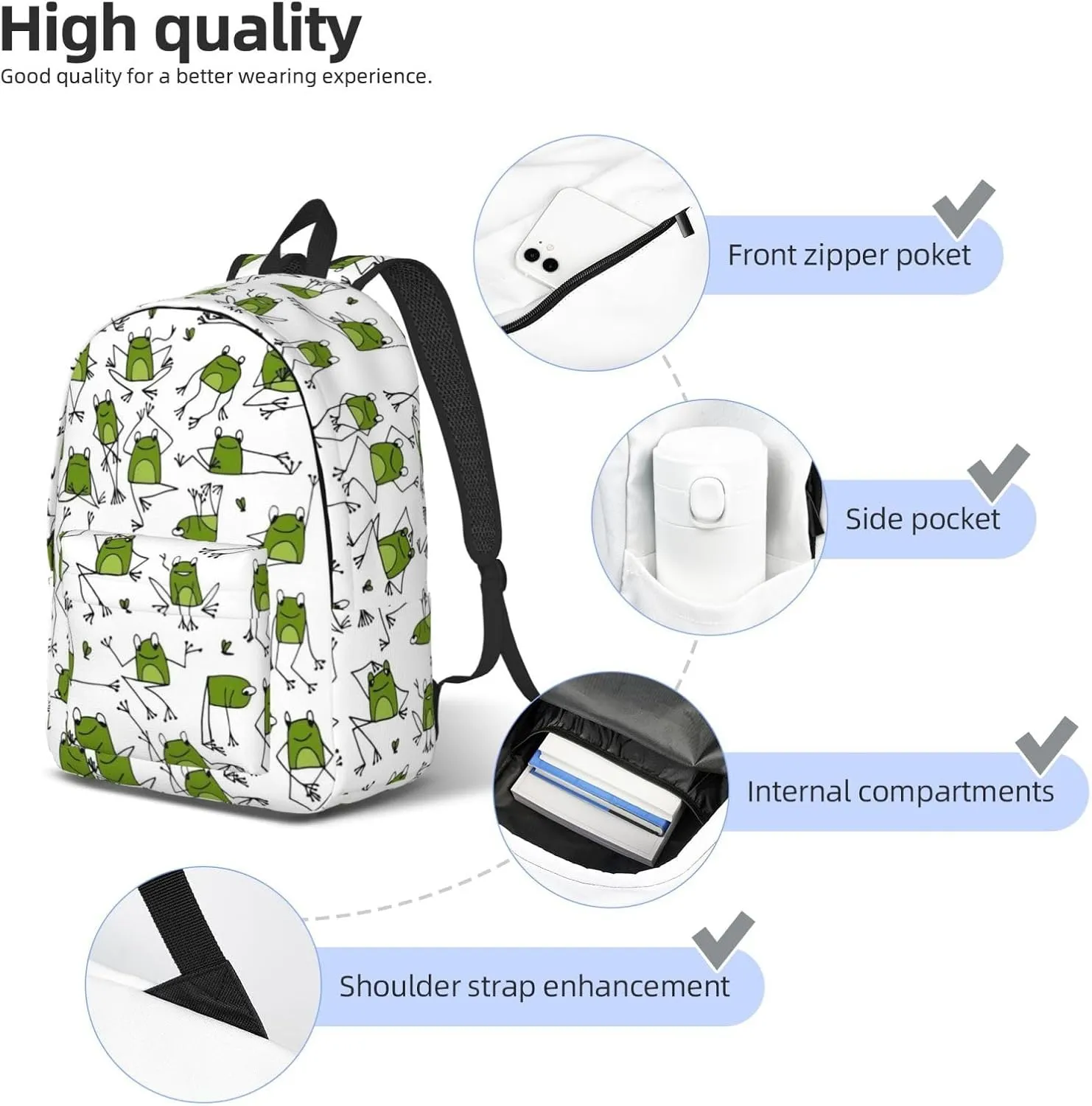 Canvas Casual Backpack Laptop Bag Suitable for Travel Office Outdoor Sports Men and Women Frog