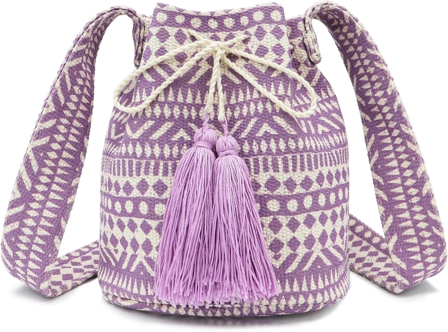 Canvas Crossbody Bags for Women, Tassels Drawstring Bucket Bag, Bohemian Handbag, Purple Tote Bag Large Capacity Travel Shoulder Bag for Vacation Travel Daily Matching